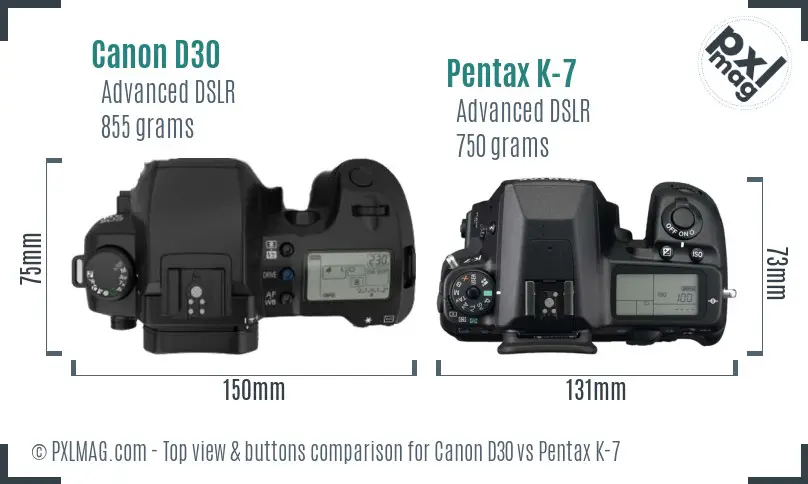 Canon D30 vs Pentax K-7 top view buttons comparison