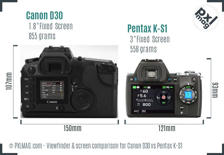 Canon D30 vs Pentax K-S1 Screen and Viewfinder comparison