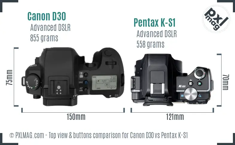 Canon D30 vs Pentax K-S1 top view buttons comparison