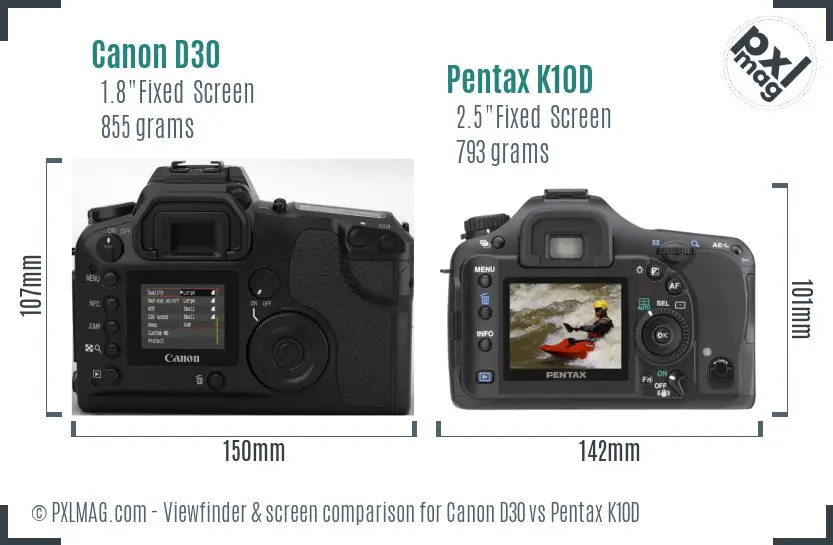 Canon D30 vs Pentax K10D Screen and Viewfinder comparison