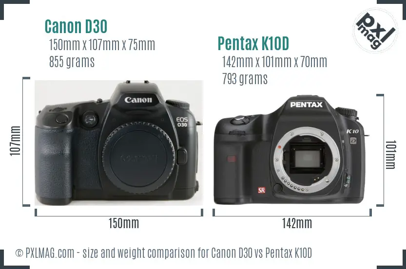 Canon D30 vs Pentax K10D size comparison