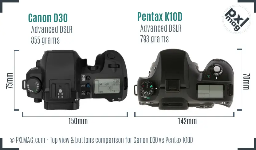 Canon D30 vs Pentax K10D top view buttons comparison