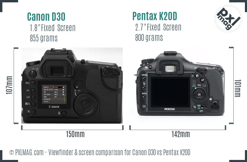 Canon D30 vs Pentax K20D Screen and Viewfinder comparison