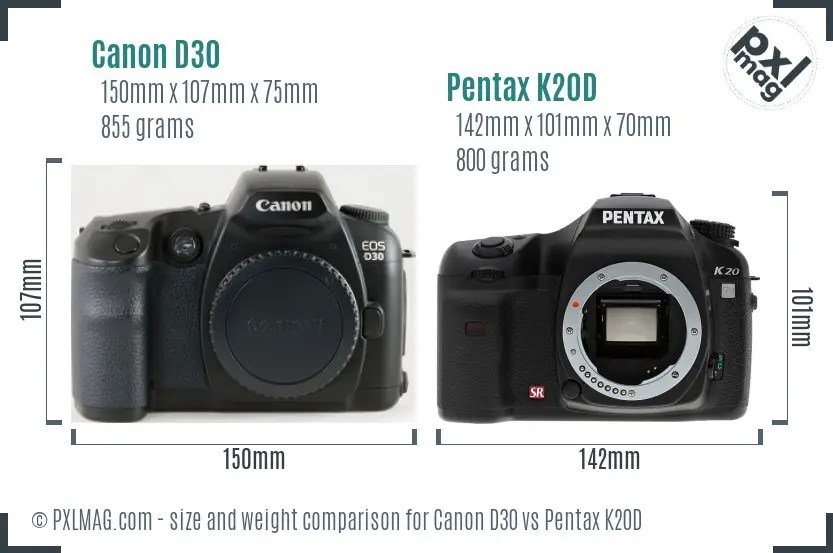 Canon D30 vs Pentax K20D size comparison
