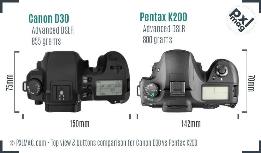 Canon D30 vs Pentax K20D top view buttons comparison