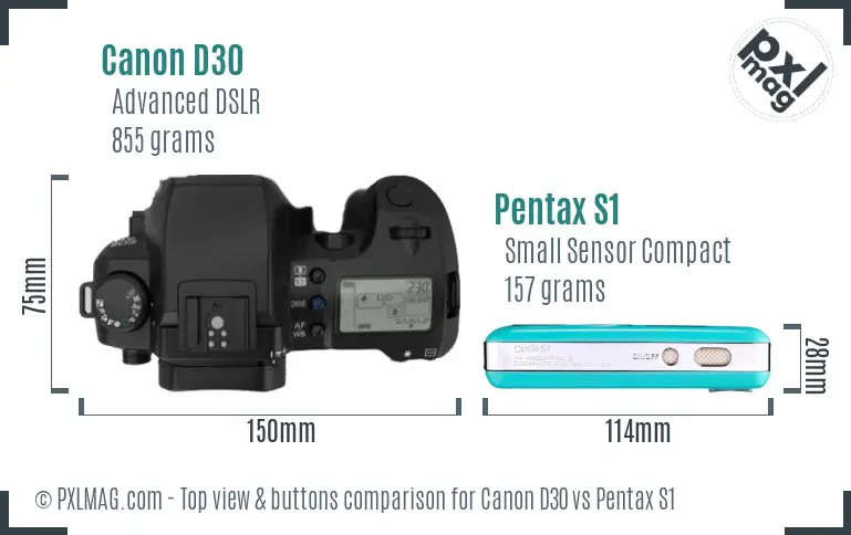 Canon D30 vs Pentax S1 top view buttons comparison
