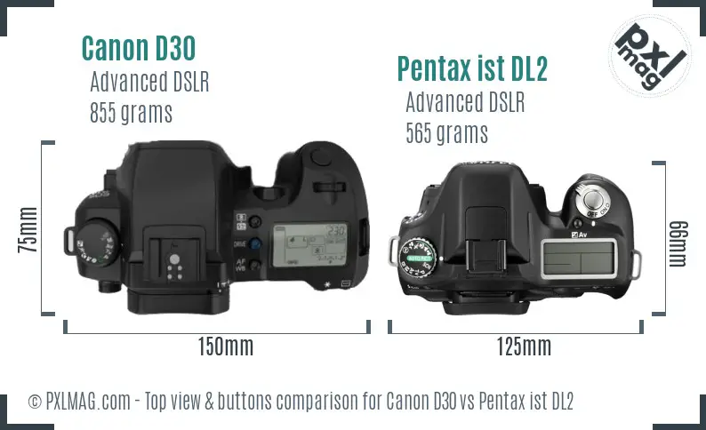 Canon D30 vs Pentax ist DL2 top view buttons comparison Canon D30 vs Pentax ist DL2 top view buttons comparison