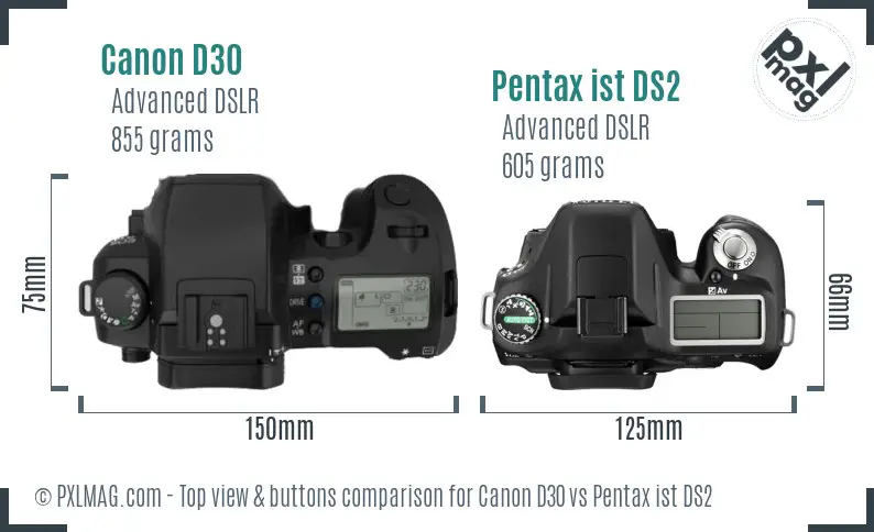 Canon D30 vs Pentax ist DS2 top view buttons comparison