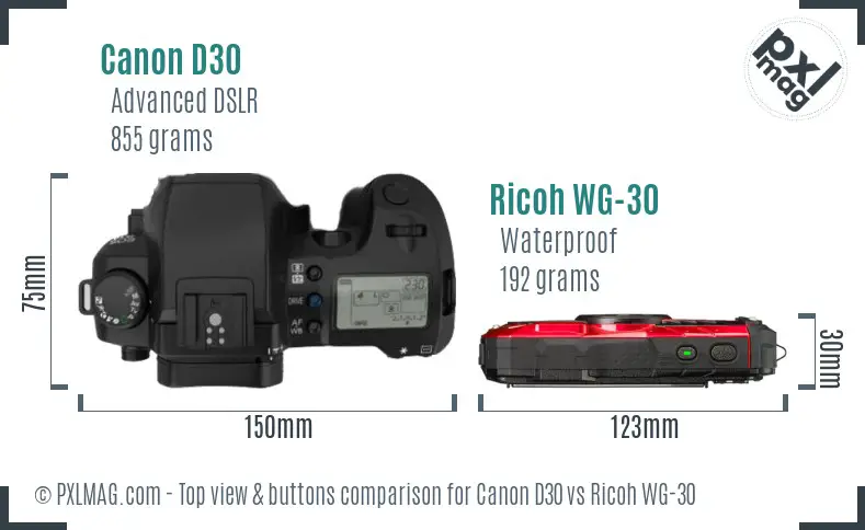 Canon D30 vs Ricoh WG-30 top view buttons comparison