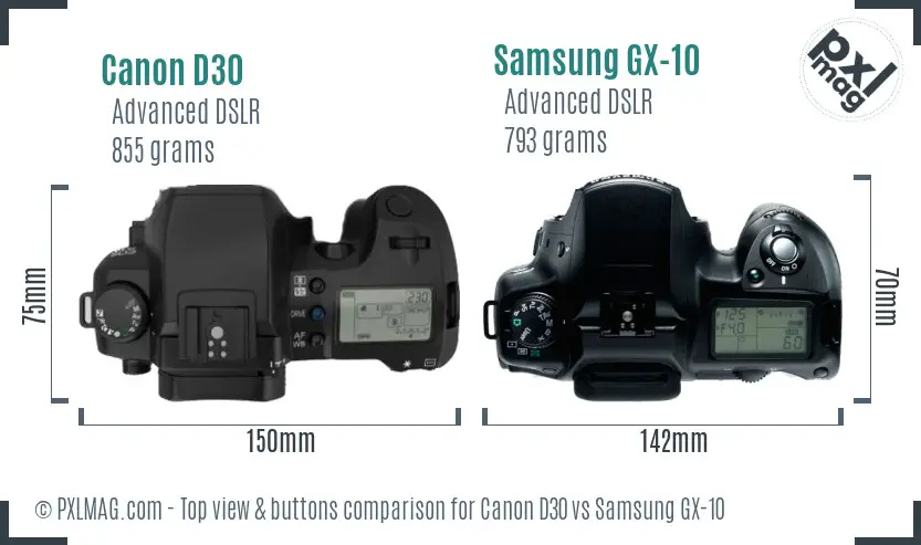 Canon D30 vs Samsung GX-10 top view buttons comparison