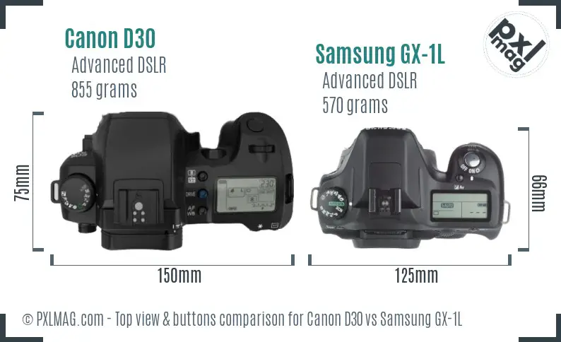 Canon D30 vs Samsung GX-1L top view buttons comparison