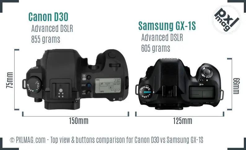 Canon D30 vs Samsung GX-1S top view buttons comparison