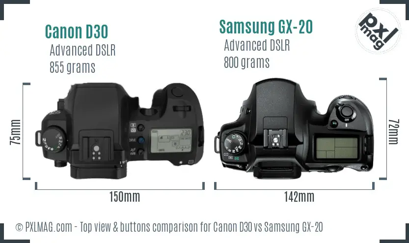 Canon D30 vs Samsung GX-20 top view buttons comparison