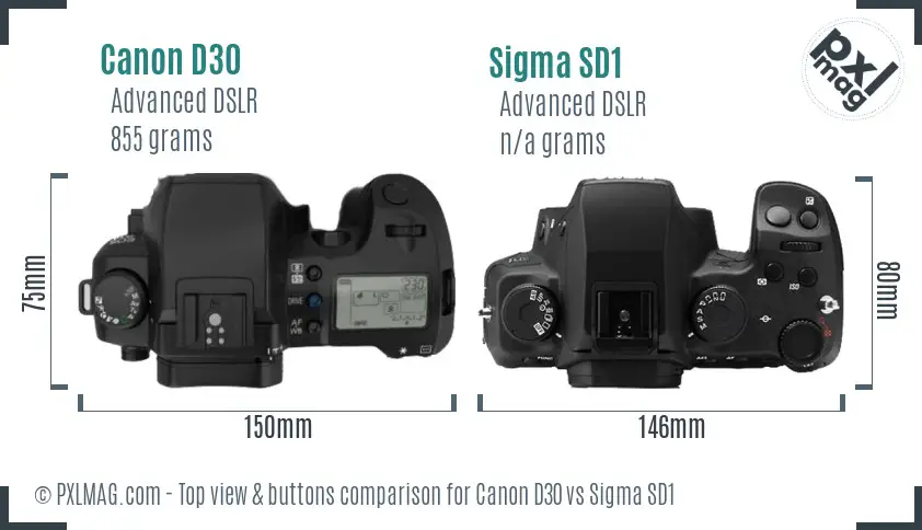 Canon D30 vs Sigma SD1 top view buttons comparison