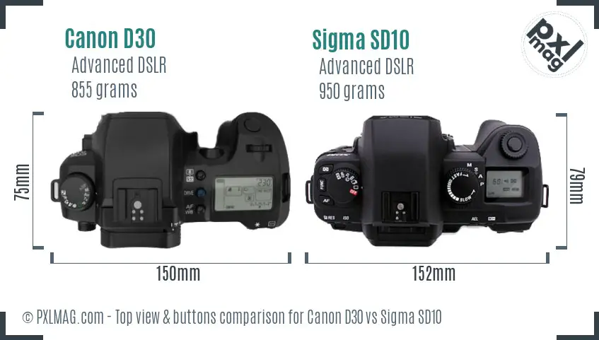 Canon D30 vs Sigma SD10 top view buttons comparison