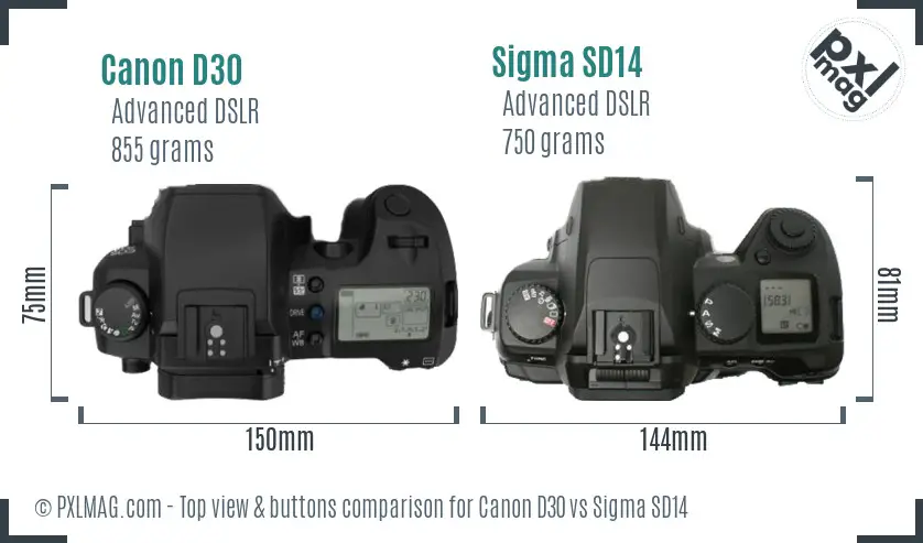 Canon D30 vs Sigma SD14 top view buttons comparison