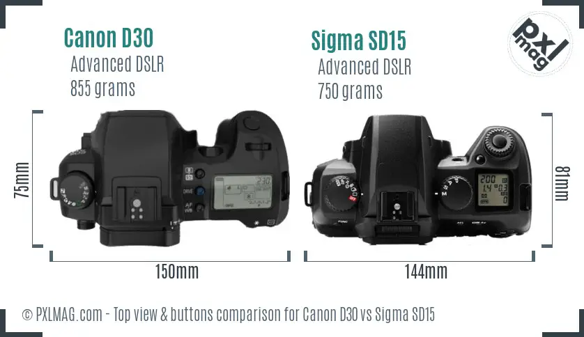 Canon D30 vs Sigma SD15 top view buttons comparison