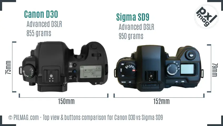 Canon D30 vs Sigma SD9 top view buttons comparison