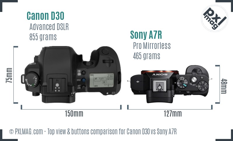 Canon D30 vs Sony A7R top view buttons comparison