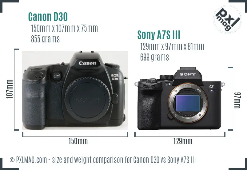 Canon D30 vs Sony A7S III size comparison