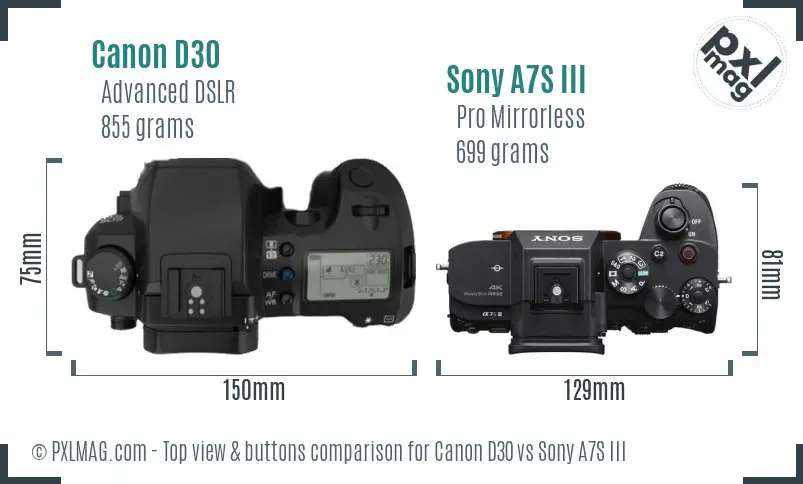 Canon D30 vs Sony A7S III top view buttons comparison
