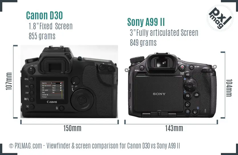 Canon D30 vs Sony A99 II Screen and Viewfinder comparison