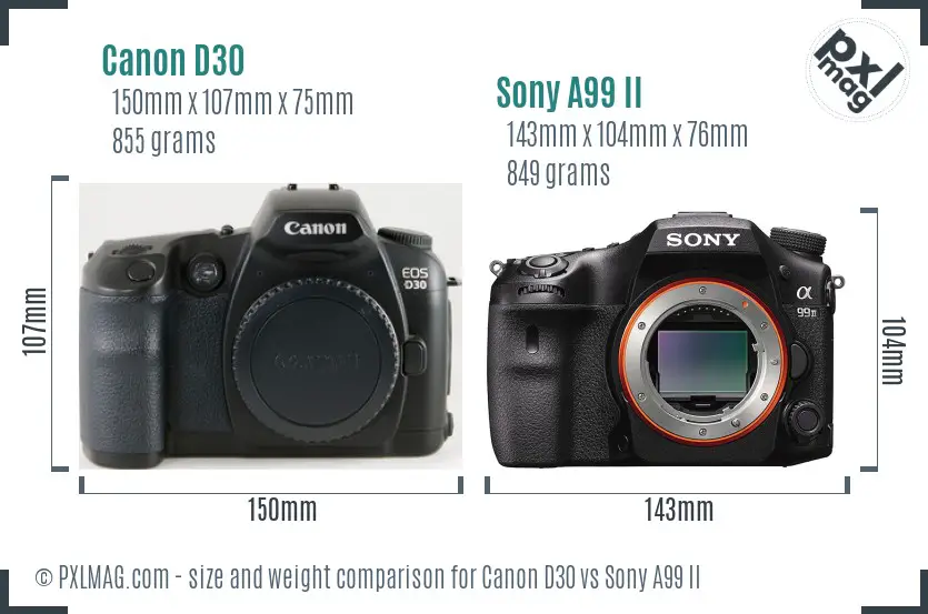 Canon D30 vs Sony A99 II size comparison