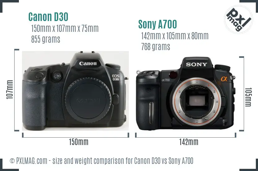 Canon D30 vs Sony A700 size comparison