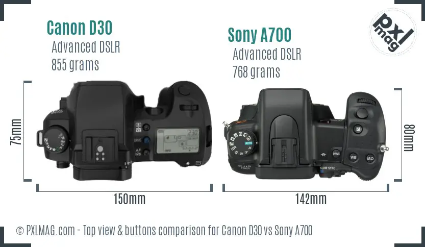 Canon D30 vs Sony A700 top view buttons comparison