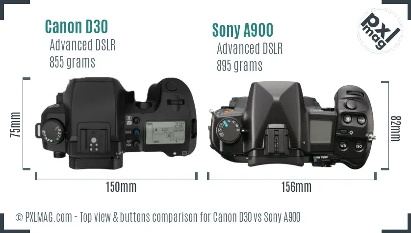 Canon D30 vs Sony A900 top view buttons comparison