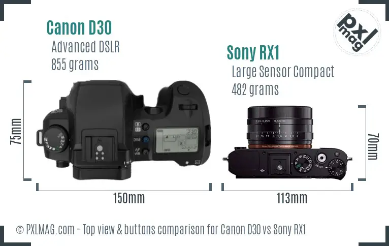 Canon D30 vs Sony RX1 top view buttons comparison