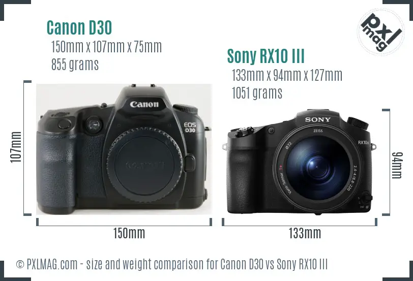 Canon D30 vs Sony RX10 III size comparison