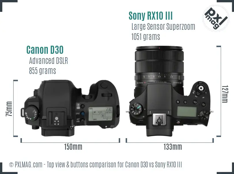 Canon D30 vs Sony RX10 III top view buttons comparison