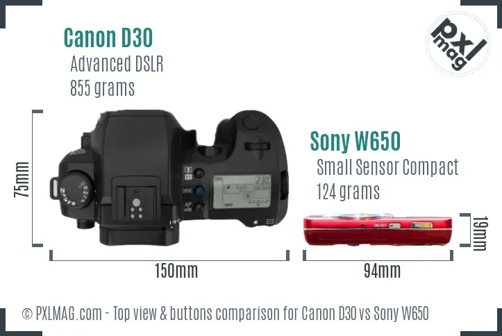 Canon D30 vs Sony W650 top view buttons comparison