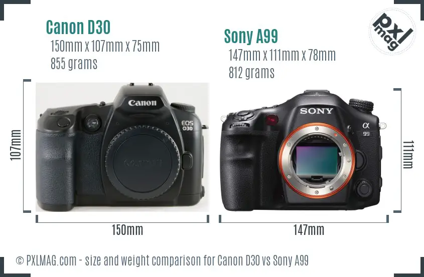 Canon D30 vs Sony A99 size comparison