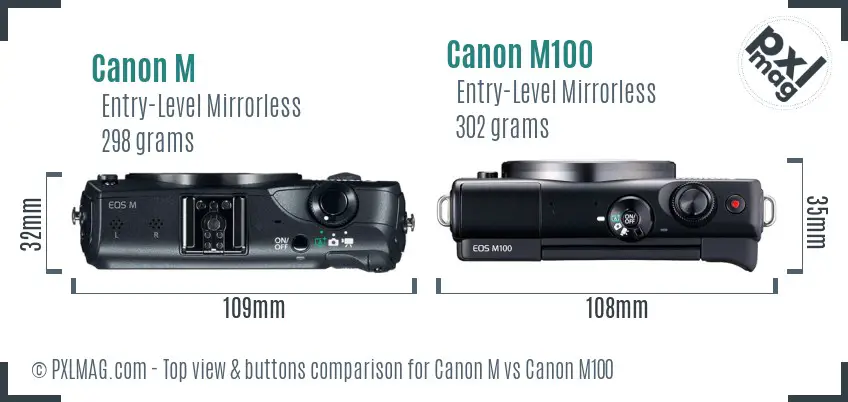 Canon M vs Canon M100 top view buttons comparison