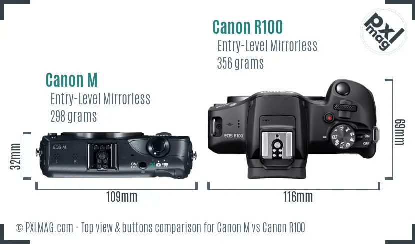 Canon M vs Canon R100 top view buttons comparison