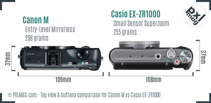 Canon M vs Casio EX-ZR1000 top view buttons comparison