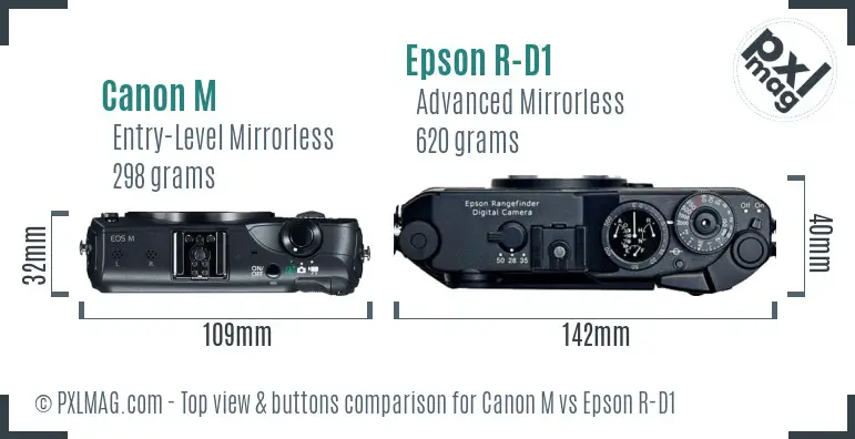 Canon M vs Epson R-D1 top view buttons comparison Canon M vs Epson R-D1 top view buttons comparison