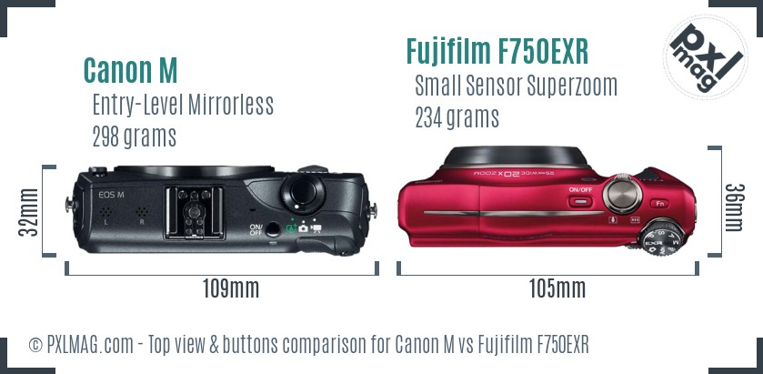 Canon M vs Fujifilm F750EXR top view buttons comparison