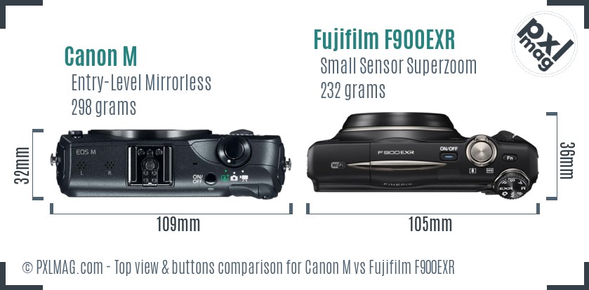 Canon M vs Fujifilm F900EXR top view buttons comparison
