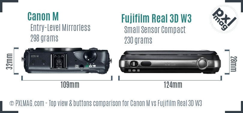 Canon M vs Fujifilm Real 3D W3 top view buttons comparison
