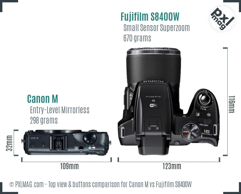 Canon M vs Fujifilm S8400W top view buttons comparison Canon M vs Fujifilm S8400W top view buttons comparison