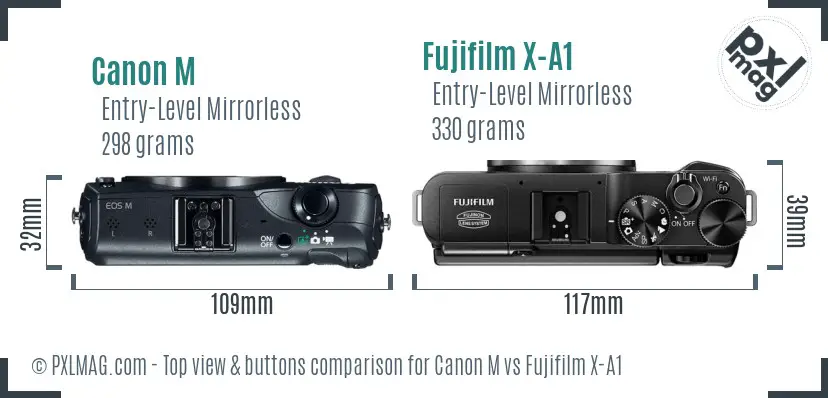Canon M vs Fujifilm X-A1 top view buttons comparison