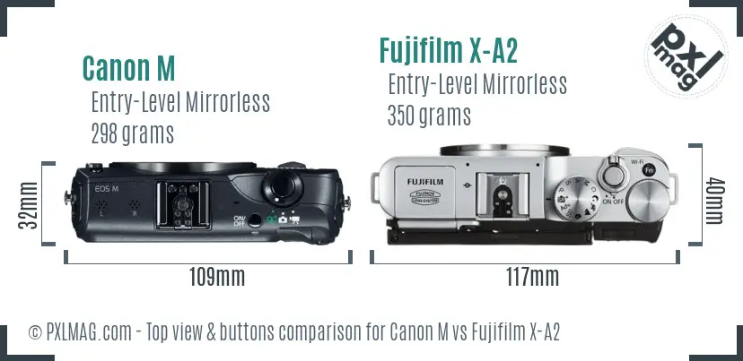 Canon M vs Fujifilm X-A2 top view buttons comparison