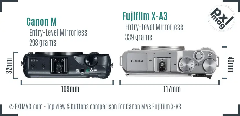 Canon M vs Fujifilm X-A3 top view buttons comparison