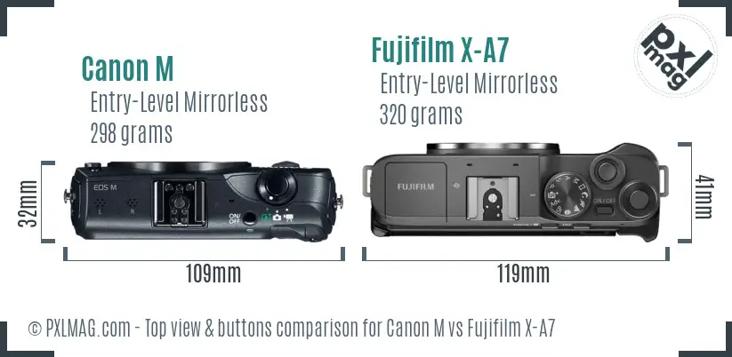 Canon M vs Fujifilm X-A7 top view buttons comparison