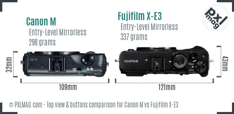 Canon M vs Fujifilm X-E3 top view buttons comparison