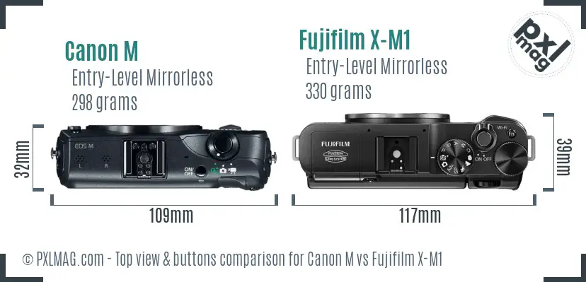Canon M vs Fujifilm X-M1 top view buttons comparison