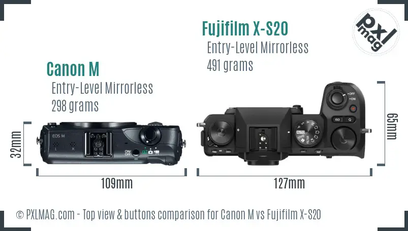 Canon M vs Fujifilm X-S20 top view buttons comparison